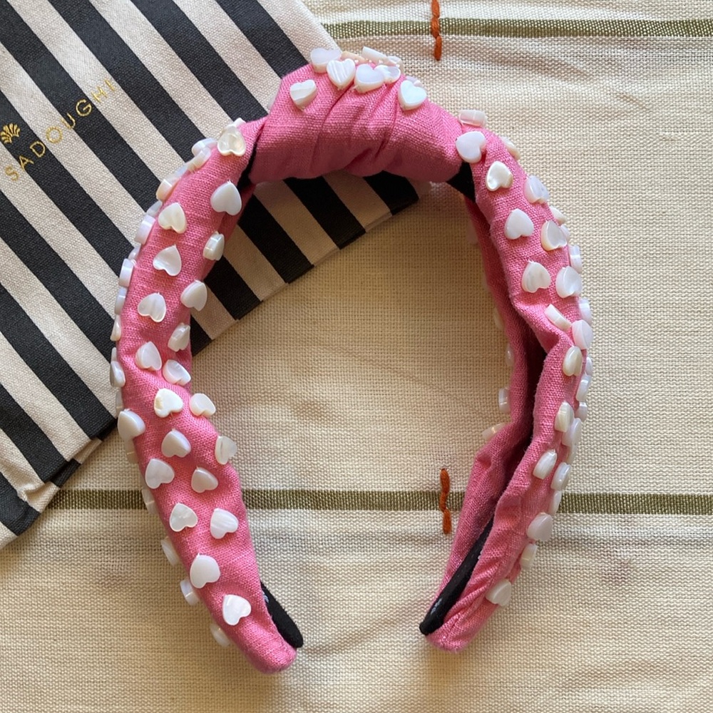 Lele Sadoughi Pink Linen Headband with MOP Hearts